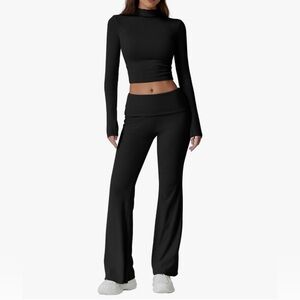 QINSEN Womens 2 Piece Lounge Set Fold Over Flare Pants